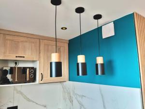 a kitchen with blue walls and black lights at Ocean Bleu Toulouse in Toulouse