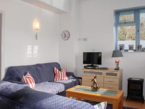 a living room with a blue couch and a tv at Gilly's Cottage in Kingsbridge