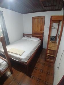a small bedroom with a bed and a wooden ladder at Pousadas JC 3 em Santarém in Santarém