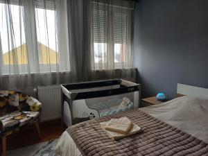 a bedroom with a baby crib with a piano at Hram View Apartment, Valjevo Center in Valjevo +4 photos