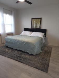 a bedroom with a bed with a fan and a rug at Twin Nest Duplex in Irving