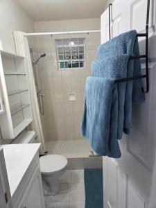 a bathroom with blue towels hanging on a door at MIRI-JOY APARTMENTS in Saint Peter +36 photos
