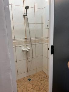 a bathroom with a shower with a shower head at Vue d'Ô in Taputapuapea
