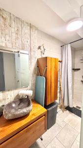 a bathroom with a wooden counter with a sink at F3 RDC L horizon in Petite Île +10 photos