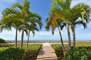 a boardwalk through palm trees on the beach at 3B Beachfront Condo - Heated Pool & 18ft Balcony in Holmes Beach