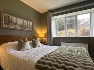 a bedroom with a large bed and two windows at White Hillocks Cottage in Inchmill