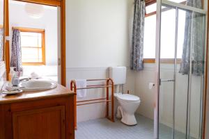 a bathroom with a toilet and a sink and a shower at Cliff Cottage - Noraville in Norah