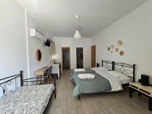 a bedroom with two beds and a tv and a couch at Nikos Hotel in Diafani