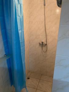 a bathroom with a shower with a blue shower curtain at Holló Vendégház in Szögliget +26 photos