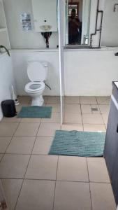 a bathroom with a toilet and two blue mats at OUPAs se Plek in Kontiki +28 photos