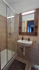 a bathroom with a sink and a shower with a mirror at MOONLIGHT Prémium APARTMANHÁZ in Sárospatak +18 photos