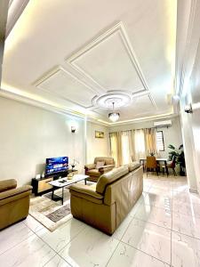 a large living room with couches and a tv at Aud'Meublé Logpom in Douala