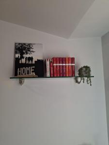 a shelf with books on it on a wall at Papaveri & Papere in Casetta