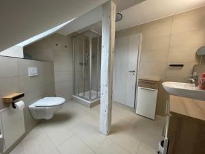 a bathroom with a shower and a toilet and a sink at B&K Immobilien GbR in Tangermünde