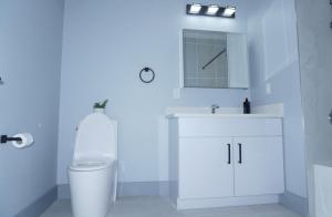 a bathroom with a toilet and a sink and a mirror at Big apple room 35 in West New York +7 photos