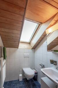 a bathroom with a toilet and a sink and a skylight at Bed and Breakfast Bauernhof Bättwil in Burgdorf