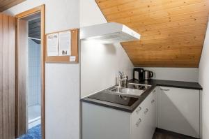 a small kitchen with a sink and a wooden ceiling at Bed and Breakfast Bauernhof Bättwil in Burgdorf +12 photos
