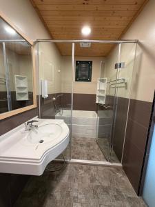 a bathroom with a sink and a shower at 木木杉民宿 in Puli +83 photos