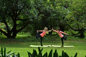 two women doing yoga on mats in the grass at Highgrove House in Hazyview