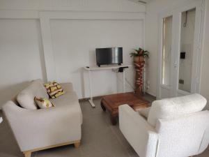 a living room with two chairs and a tv at Douceur tropicale in Ducos