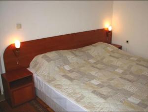 a bedroom with a bed with two lights on it at Hotel Boyanovi in Bansko