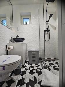 a bathroom with a shower and a toilet and a sink at Modern & Glam Studio Costi in Brăila