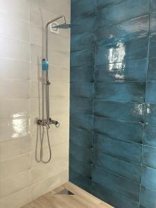 a bathroom with a shower with blue tiles at Guesthouse Laurbili in Mestia