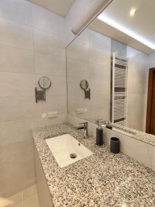a bathroom with a sink and a mirror at Berryblossom Estate in Krosno +32 photos