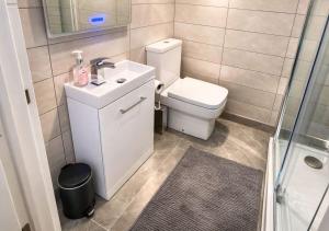 a bathroom with a toilet and a sink and a shower at Williamson Suites - Apartment 1 in Liverpool +46 photos