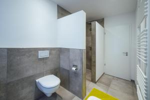 a bathroom with a white toilet in a room at Penthouse `Wolke 7` am See mit Sauna in Lembruch +20 photos