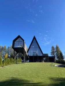 a house on a grassy field with a building at TwoTop-Premium Chalet Villa with mountain view in Piatra Fantanele