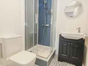 a bathroom with a shower and a toilet and a sink at Vista Mare 1 in Weymouth +35 photos