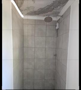 a bathroom with a tiled shower with a ceiling at Escape Root in Caledon +7 photos