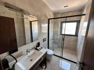 a bathroom with a shower and a sink and a toilet at Plaza Residence in Tuzla
