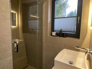 a bathroom with a shower and a sink and a window at Chalet Belveder SPORT in Železná Ruda