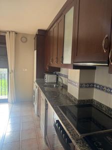 a kitchen with wooden cabinets and a counter top at La Terraza de Sovega in Arenas de Cabrales