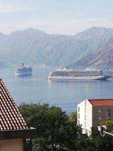 two cruise ships in the water with mountains at Apartment Magdalena in Dobrota