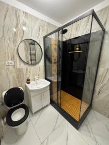 a bathroom with a shower and a toilet and a sink at SECRET JACUZZl & LOVE in Bucharest +14 photos