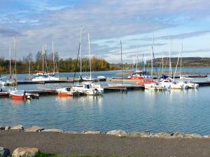 a group of boats docked at a dock in the water at Apartment Living Leipzig in Großzössen