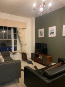 a living room with a couch and a television at Howth Village Apartment 2 in Dublin