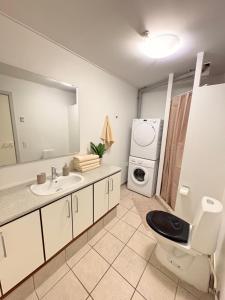 a bathroom with a toilet and a sink and a washing machine at K&V Apartments Billund Near Legoland #1 in Billund +9 photos