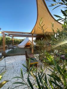 a tent and chairs in a yard with plants at Refugio El Tatán in Choros Bajos