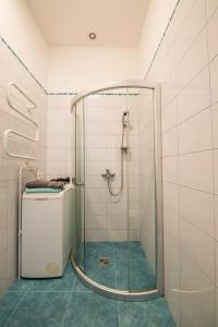 um chuveiro com uma porta de vidro na casa de banho em White Amber em Liepāja