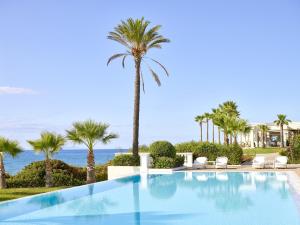 a swimming pool with a palm tree and the ocean at Mandola Rosa, A Resort to Live in Loutra Killinis