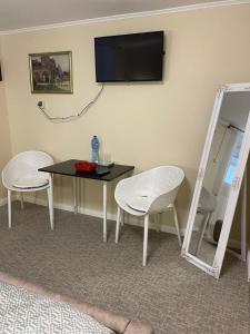 a room with a table and chairs and a tv on the wall at Pensiunea Ada in Balta Verde