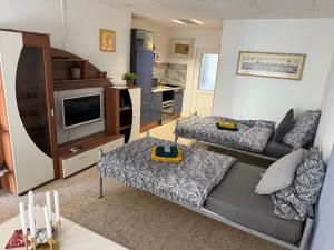 a living room with a couch and a tv at Pension EdHeLo in Barby