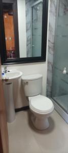 a bathroom with a toilet and a sink and a shower at Pequeño Depa 2 personas in Puerto Montt