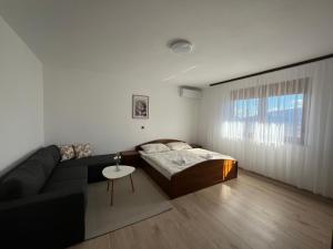 a bedroom with a bed and a couch and a table at Apartman Lucija in Rumboci