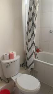 a bathroom with a toilet and a shower curtain at departamento Eli in Valdivia