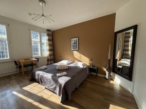 a bedroom with a bed and a mirror in it at B&B De Hofnar Maastricht in Maastricht